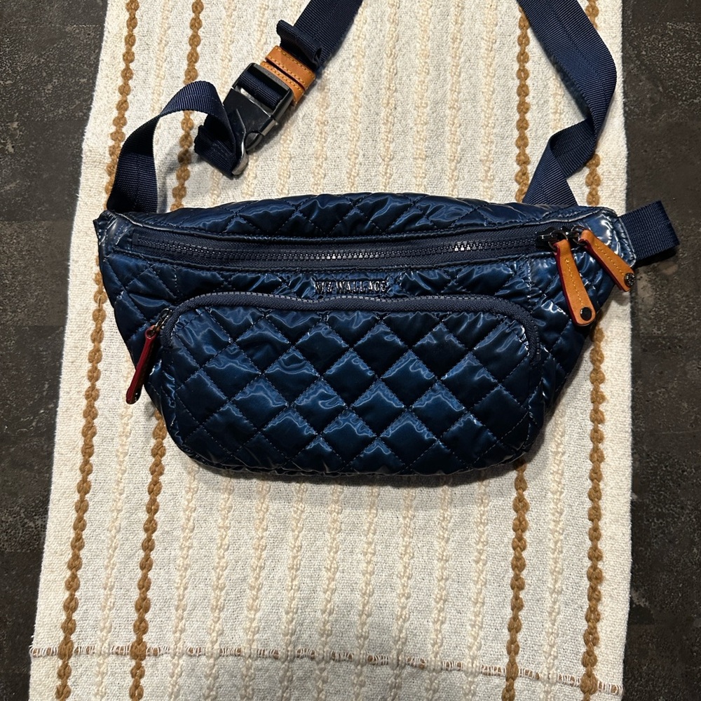 MZ Wallace Quilted Navy Belt Bag with Tan Accents
